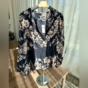 Anthropologie Black Floral Surplice Blouse Smocked Waist Puff Sleeve Top